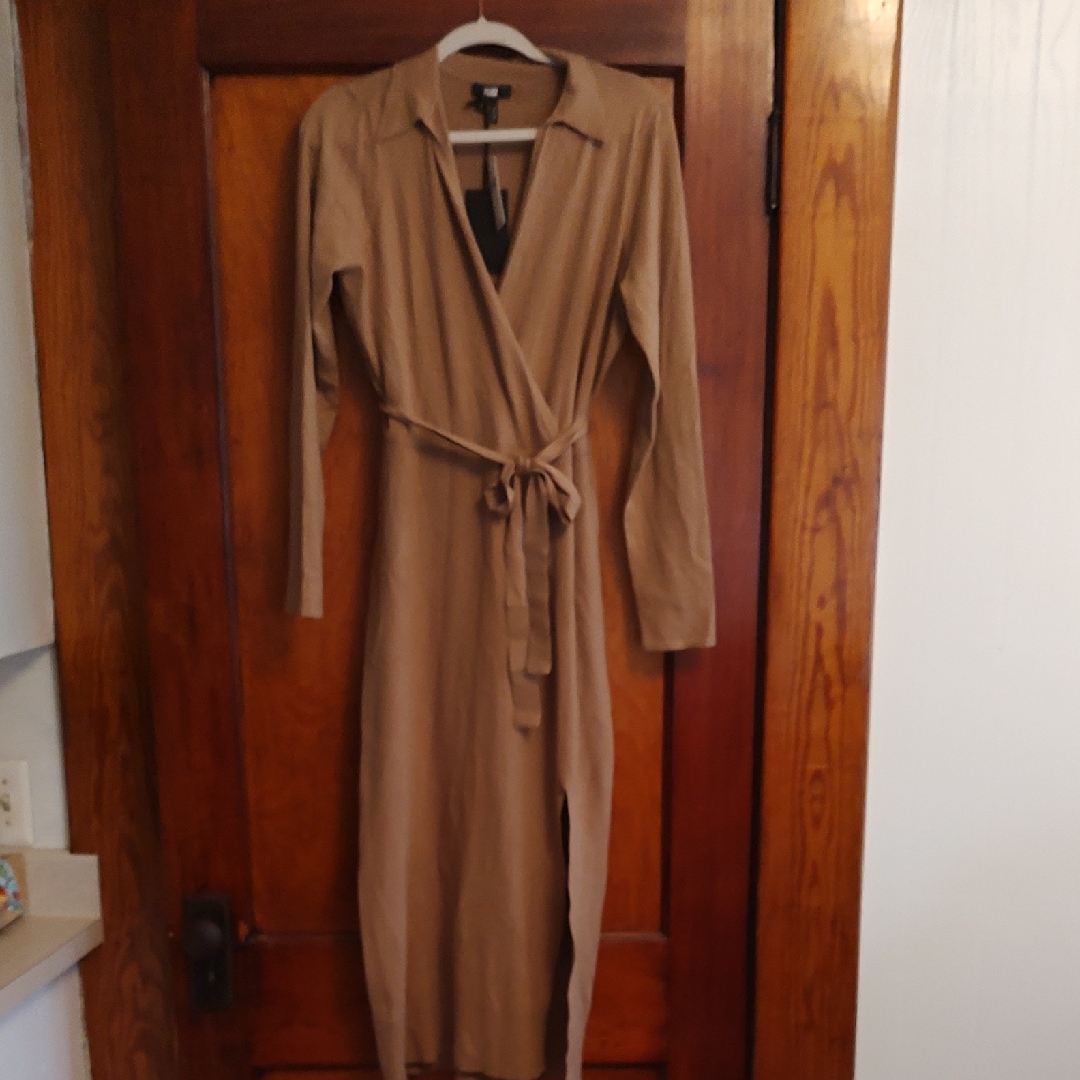 Paige Camel Brown Long-Sleeve Wrap Midi Dress